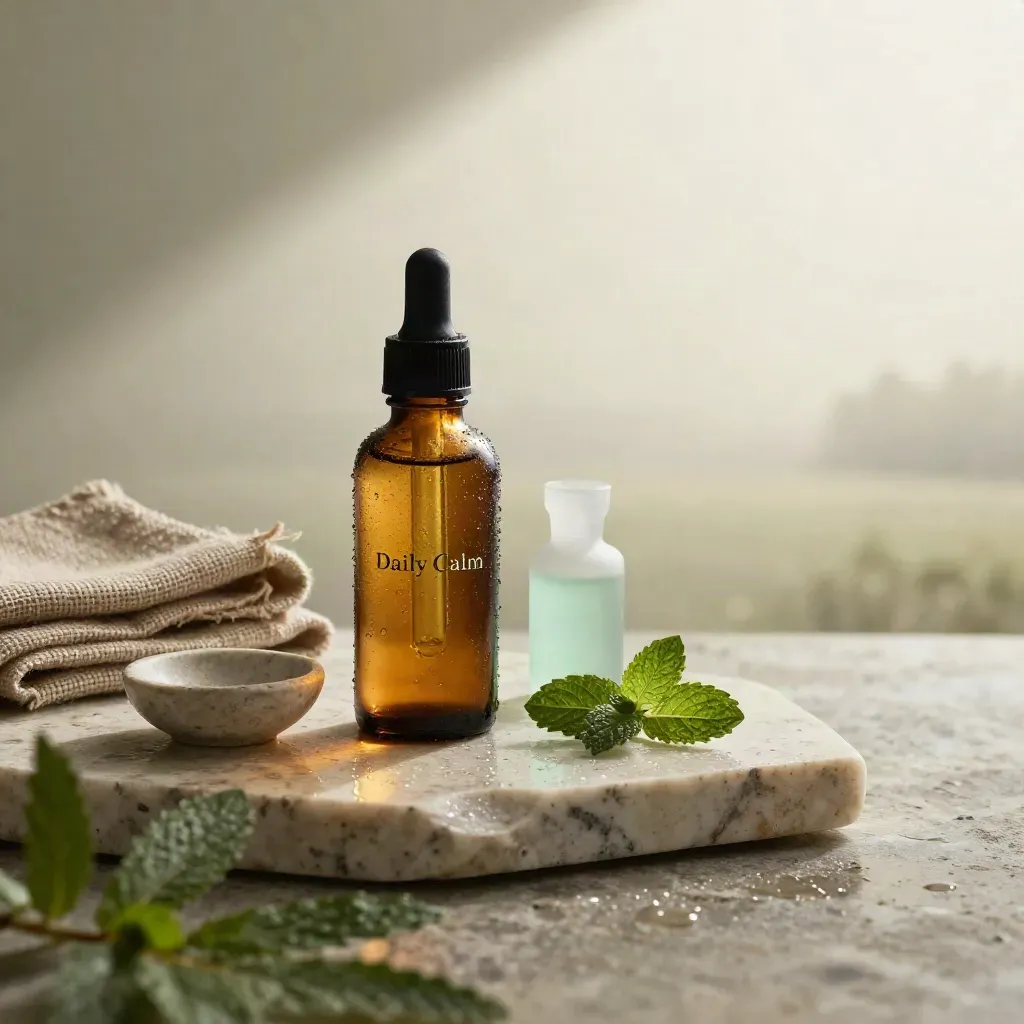 Amber CBD oil bottle with mint leaves, stone dish and hemp cloth in soft rainy morning light.