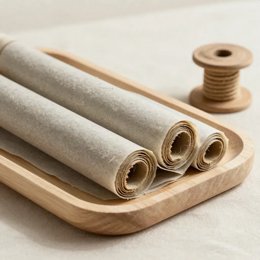 Macro papers, tray and hemp wick spool with one lifted sheet