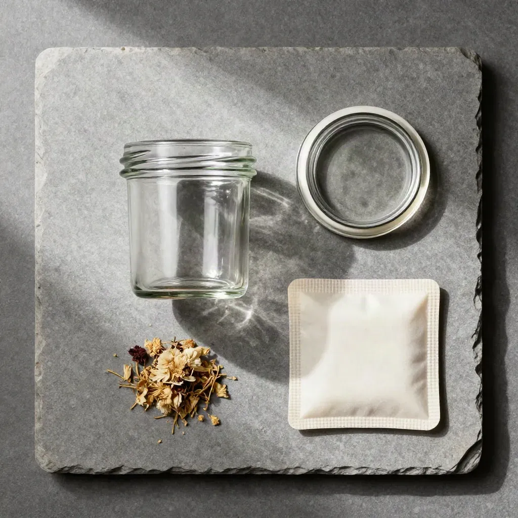 Overhead glass storage jar with lid, dried flower and humidity pack on matte stone.