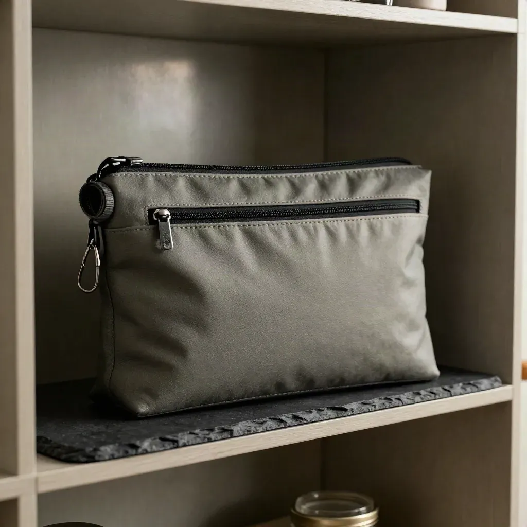 Matte smell-proof pouch with tee, key loop, and small jar on a dark slate shelf.