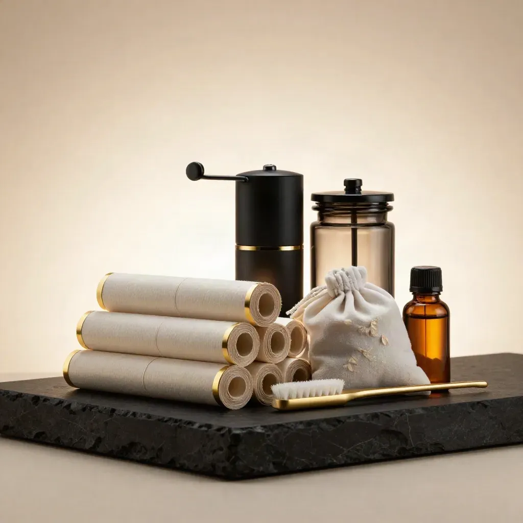 Rolling papers, grinder, jar, brush and tincture bottle stacked in a dramatic studio bundle.