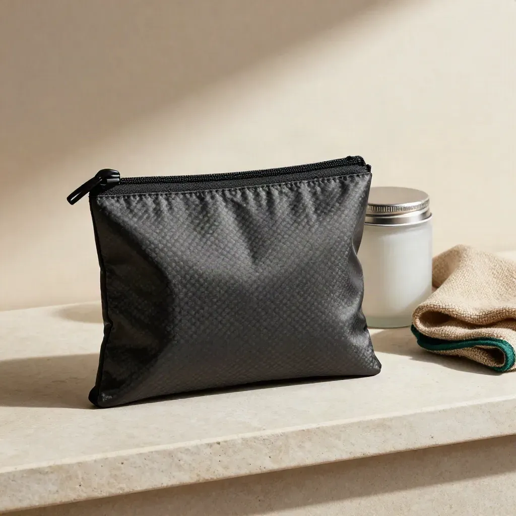 Macro of a carbon-lined odor trap pouch beside a small jar and folded cloth in soft studio light