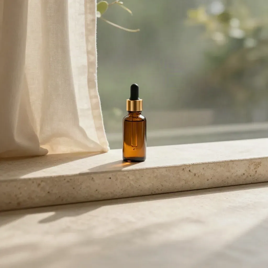 Amber CBD oil bottle on travertine ledge in a sunlit greenhouse interior.