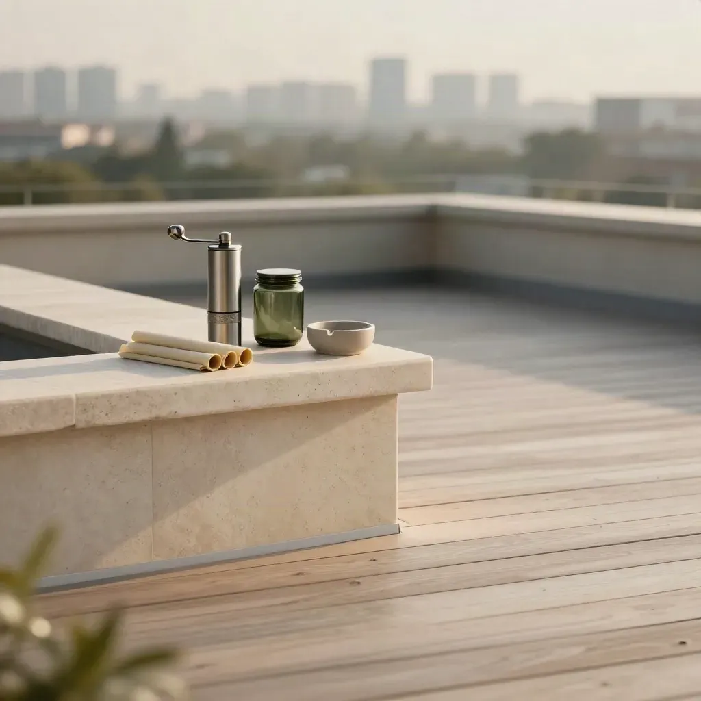 Sunlit rooftop with rolling papers, grinder and glass jar above a calm pale deck.