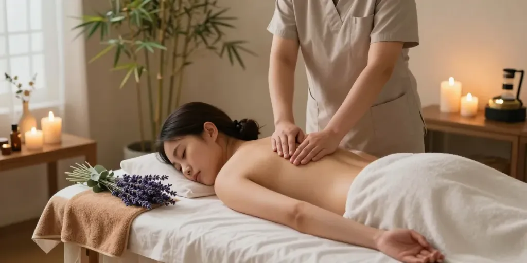 Relaxing 강동구출장마사지 session in a serene home environment with calming elements.